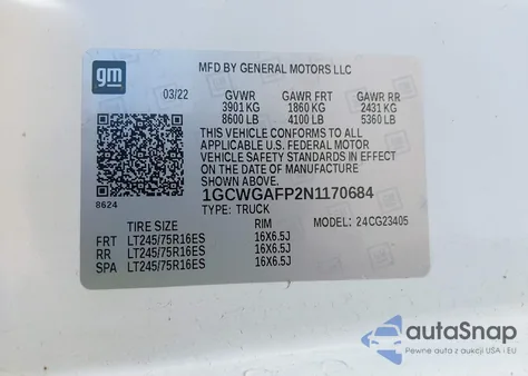 2022 Chevrolet Express Cargo Rwd 2500 Regular Wheelbase Wt from USA, damaged, VIN 1GCWGAFP2N1170684